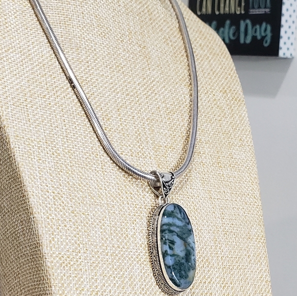 Natural Moss Agate Gem 925 Silver Handmade Thick Heavy Long Pendant Necklace - Picture 4 of 16